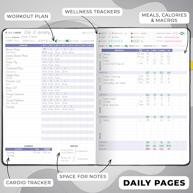 Clever Fox Fitness & Food Journal PRO – Daily Workout & Meal Planner for Women & Men – Exercise & Weight Loss Diary Notebook, 7.3x10.4” (Black)