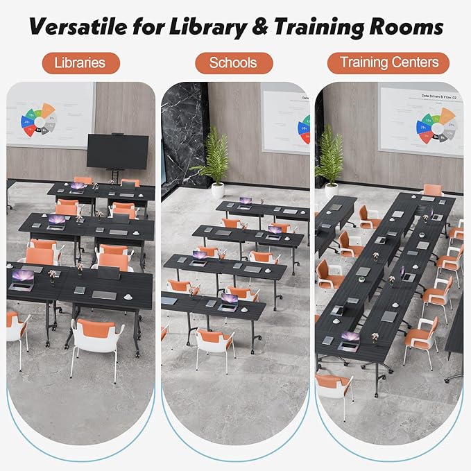 Goakwwuz Conference Room Table, Folding Conference Tables,Thicken Grey Tabletop,Flip Top Wooden Seminar Meeting Room Table for Conference Room Offices (2, BlackWoodGrain, 47.2“)