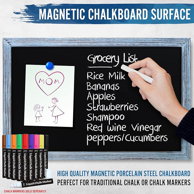 HBCY Creations 11" x 17" Rustic Blue Solid Wood Frame Wall Chalkboard, Magnetic Surface, Home Décor, Restaurant & Café Menus, Blackboard, Includes Chalk, Eraser & Hanging Hardware