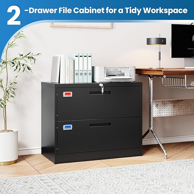 PEUKC 2 Drawer File Cabinet, Lateral Filing Cabinets for Home Office, Office Storage Drawers with Lock, Hanging Files Legal/Letter A4 Size (Assemble Required,Black)