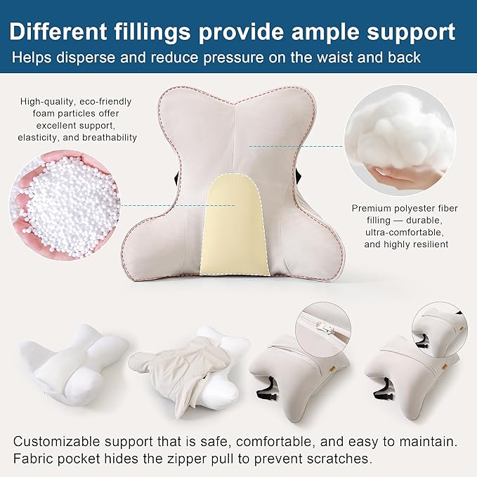 Ailuteie Lumbar Support Pillow(Pat. Pend) – Multi-Functional Ergonomic Back Cushion for Sofa Chair, Car Seat & Sofa, Reading Pillow with Firm Multi-Zone Support to Relieve Lower Back Pain, Misty White