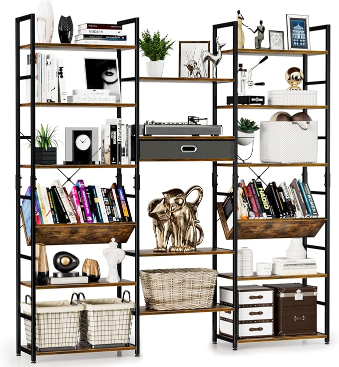 NUMENN Triple Wide 6 Tier Bookshelf, Adjustable Rustic Industrial Style Book Shelves, Modern Bookcases and Bookshelves Furniture for Bedroom, Living Room and Home Office, Vintage Brown