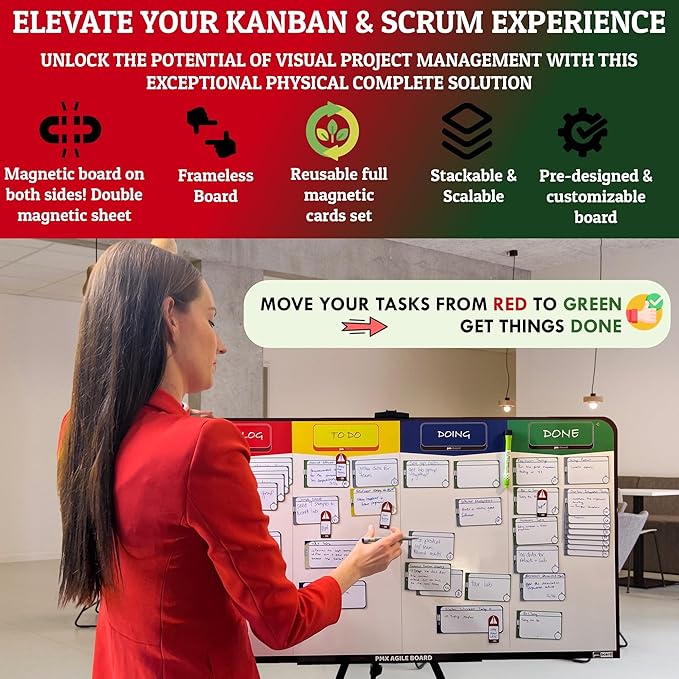 pmxboard Full Magnetic Agile Board Kit. Kanban Board, Scrum Board, Dry Erase Project Management Toolset. Includes Scrum Cards and kanban Cards Set. Project Planning Board for Agile Project Management