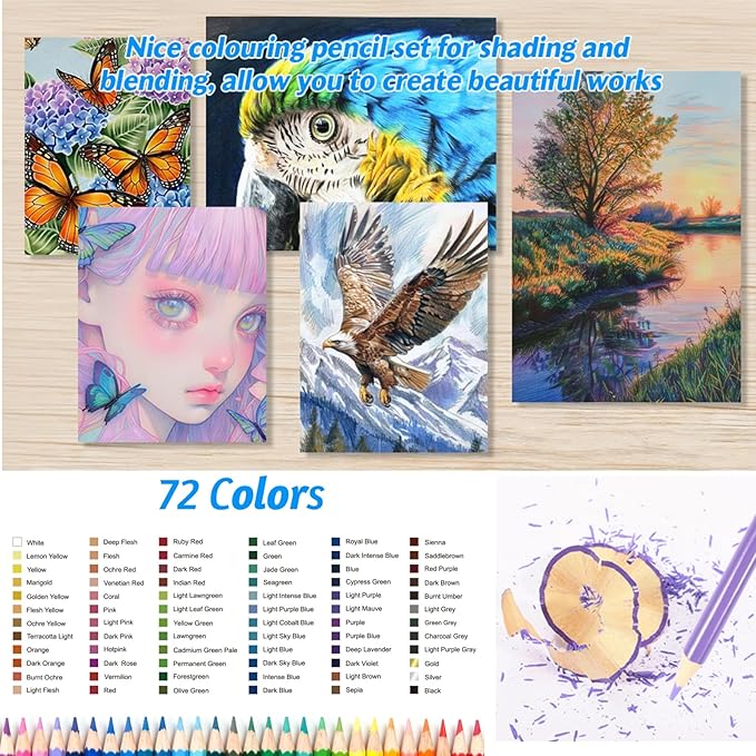 H & B Art Supplies, 72Pack Drawing Supplies for Adults, Drawing Kit with Holiday Coloring Book, Oil-Based Colored Pencils for Artists