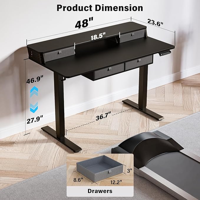 Kingant 48 x 24 Inch Electric Standing Desk with 4 Drawers, Height Adjustable Sit to Stand Computer Desk with Storage Shelf and C-Clamp Mount Compatibility for Home Office, Black