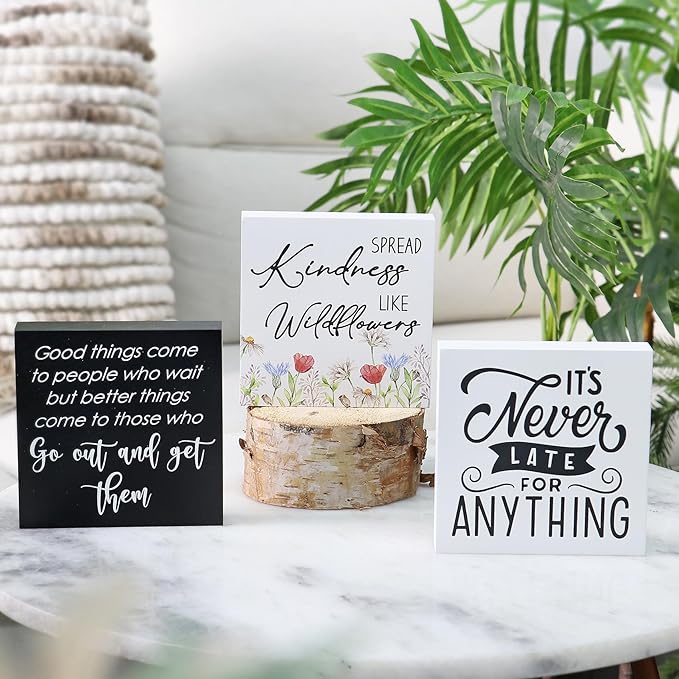 3 Pcs Inspirational Wood Box Sign Set, 5x5 Inches Motivational Quotes Wooden Blocks, Rustic Table Centerpiece Decorations