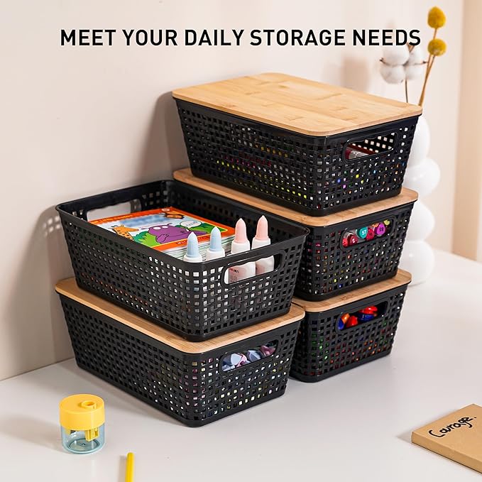 Anywish Storage Bins with Lids 6 Packs, Plastic Storage Bins with Bamboo Lids for Pantry Organization and Storage Containers for Shelves Drawers Desktop Closet Office Home, Black
