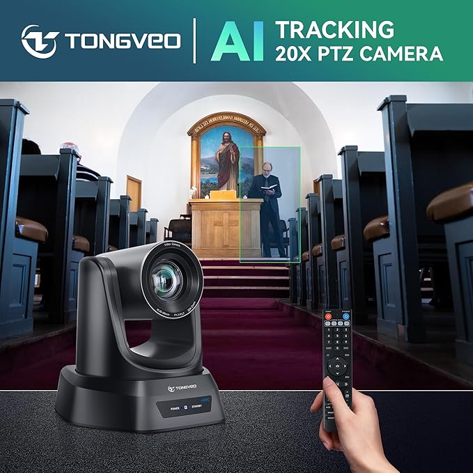 TONGVEO 4K AI PTZ Camera with Auto Tracking and 20X Optical Zoom, Conference Room Webcam with HDMI/USB3.0/LAN/PoE, Ideal for Church Worship, Zoom Meetings, Live Streaming and Education