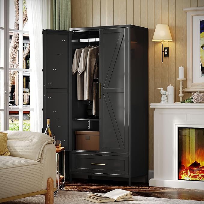 SUPEER Metal Wardrobe Cabinet with 1 Drawer and Hanging Rod, 70.9" H Metal Armoire Wardrobe Closet with Adjustable Shelf for Bedroom, Laundry Room, Home,Office,Installation Required,Black