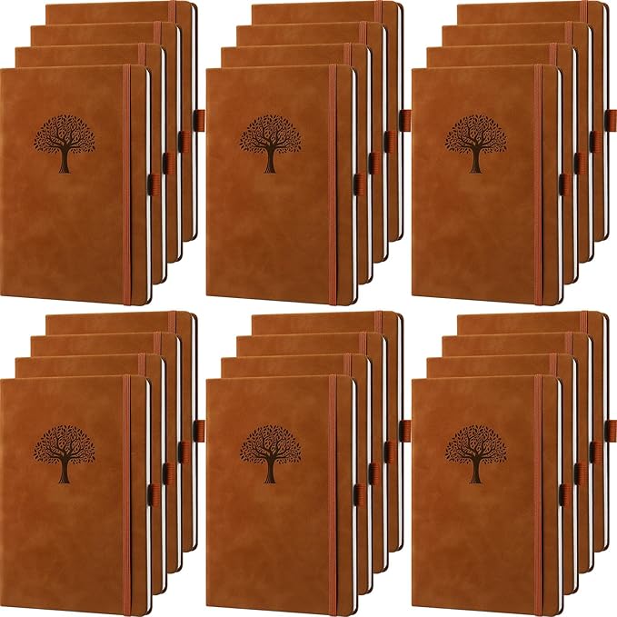 Qeeenar 24 Pack Leather Notebook Journals Bulk 5.7" x 8.3" Harder Cover A5 Journals for Writing Men Women Leather Travel Notebooks Daily Gifts for Office School (Brown)