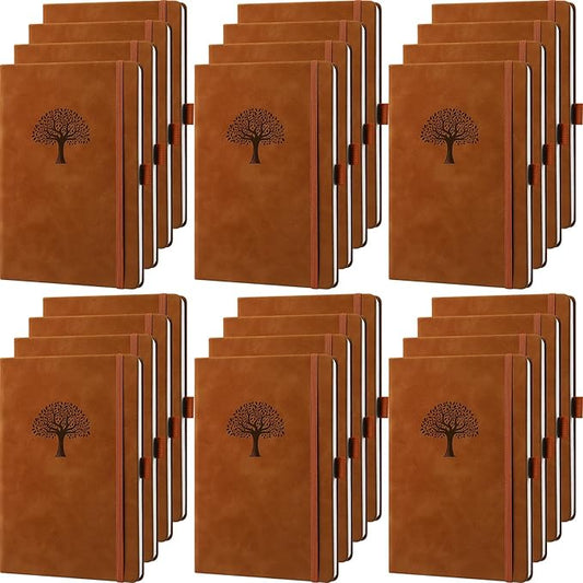 Qeeenar 24 Pack Leather Notebook Journals Bulk 5.7" x 8.3" Harder Cover A5 Journals for Writing Men Women Leather Travel Notebooks Daily Gifts for Office School (Brown)
