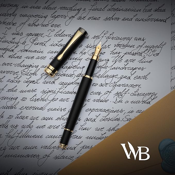 Wordsworth & Black Fountain Pen Gift Set, Includes Ink Bottle, 6 Ink Cartridges, Ink Refill Converter, 4 Replacement Nibs, Luxury Bamboo, Journaling, Calligraphy, Smooth Writing Pens [Black Wood]