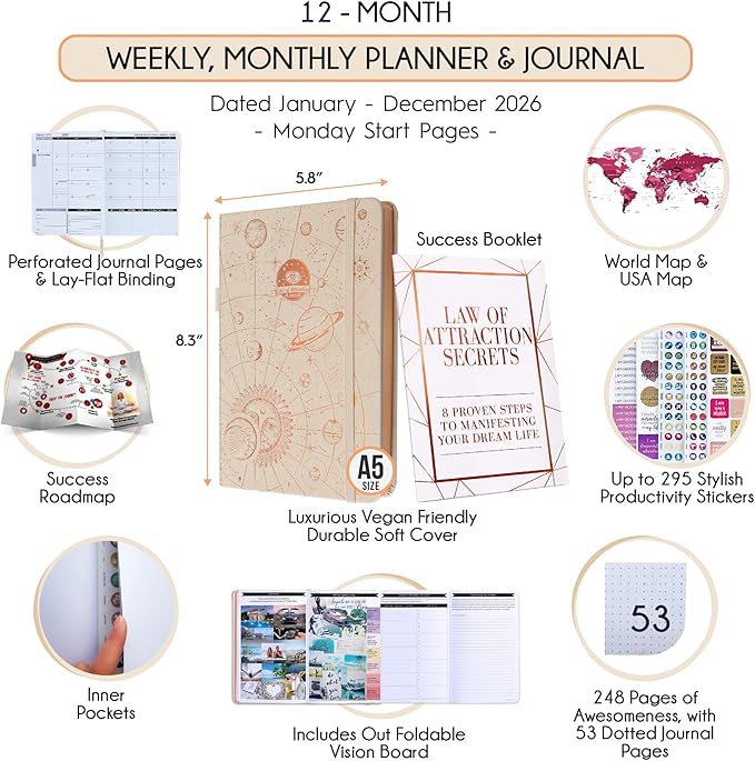 Law of Attraction Planner 2026 Deluxe with Productivity App | Weekly & Monthly Goal-Setting Planner, Life & Gratitude Journal | Include Foldable Vision Board, Gift Box & Stickers