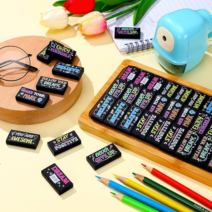 Dunzoom 100 Pcs Inspirational Pencil Erasers Bulk for Kids Fun Motivational Eraser School Supplies Back to School Office Supplies for Classroom Office Teacher Artists (Colorful Chalkboard)