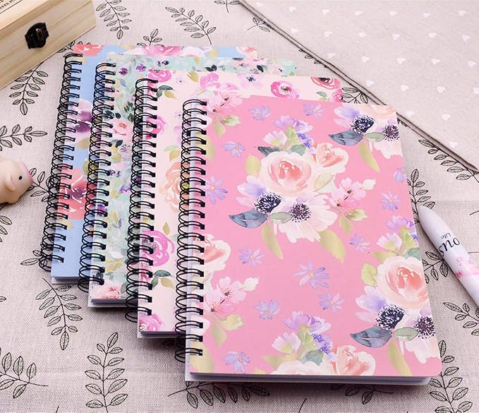 Yansanido Spiral Notebook, 4 Pcs A5 Thick Flower Design Hardcover 8mm Ruled 4 Color 80 Sheets -160 Pages Journals for Study and Notes (flower)