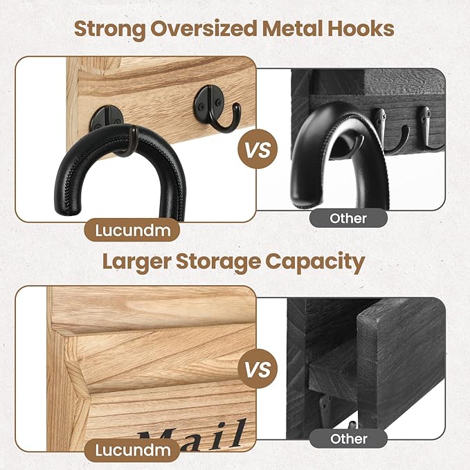 Lucundm Mail and Key Holder - Decorative 9.8" x 12.5" Wall Key Hanger with 2 Mail Organizer Slots and 3 Hooks - Real Paulownia Wood with Keyhole Brackets, Hardware and Instructions (Wood)
