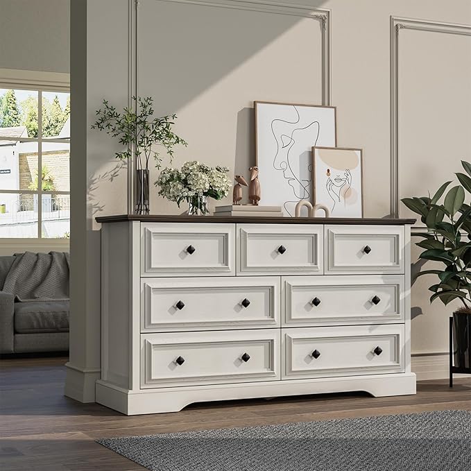 VVFLU Farmhouse 7 Drawer Dresser for Bedroom, 54" Wide Wooden Dresser with Natural Texture & Vintage Metal Knobs, Large Chest of Drawers for Bedroom, Living Room, Hallway, Antique White
