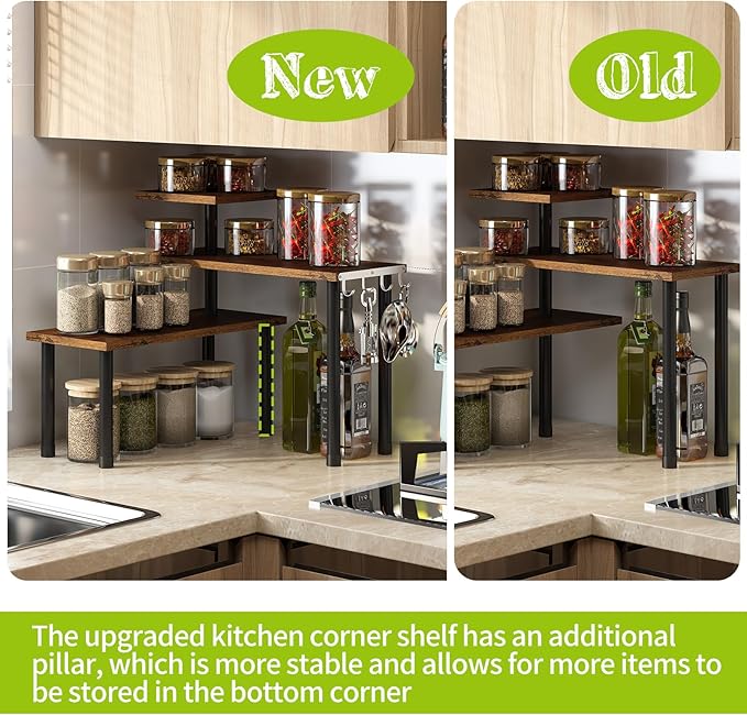 BMOSU Kitchen Corner Shelf Countertop Organizer with Hooks Adjustable Spice Rack Corner Display Rack Shelf Cabinet Counter Shelves(Rustic Brown)