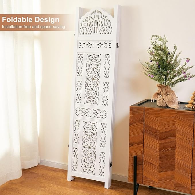 5.75Ft Room Divider Wood Screen, 33Lbs Durable Antiqued Style MDF Carved Headboard, Reversible Freestanding Folding Partition Paravent for Home Office, 69 * 71 inch(H*W) - 4 Panels (Rustic White)