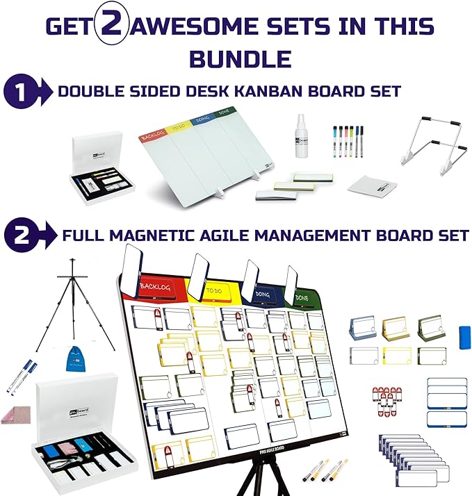 pmxboard Project Management Board Set, Combo Kit X. Agile Management Bundle Project Board Kit. Project Management Planner Toolkit. Full Magnetic Kanban Board Set, Desktop Kanban Board Set, 2 in 1