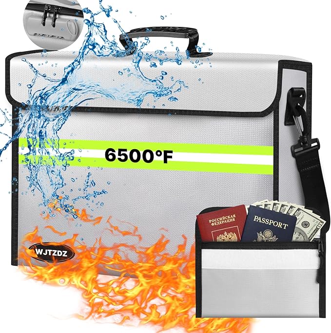 Large Fireproof Money Bags with Lock-6500°F Fireproof Document Box,10 Layers Insulation Materials&Waterproof Zipper,Removable Folder Layers/Wallet,Reflective Strip for Valuables(16.5”x 12.4”x 5.5”)
