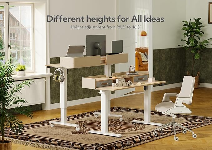 Claiks Standing Desk with Drawers, Adjustable Stand Up Electric Standing Desk Adjustable Height with Storage Shelf and Splice Board, 59 Inch, Natural