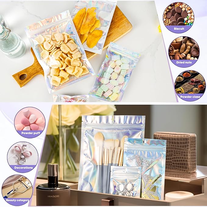 100Pcs Holographic Packaging Bags, 3.1x4.7 inch Resealable Foil Pouch Mylar Sample Bag Great for Small Business and Party Favor Food Storage……