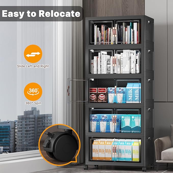 UAMFURI Extra Large Stackable Storage Bins with Lids & Wheels & Door, 260QT-52QT/13GAL*5Pack Foldable Collapsible Closet Organizers, Plastic containers drawers for bedroom Dorm