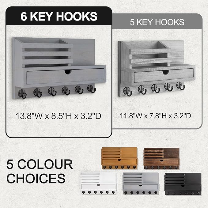 Lucundm Key Holder Wall Mount, Mail Holder with Storage Drawer and 6 Key Hooks for Coat, Dog Leash, Home Decor Rack, House Accessories, Entry Way Organizer