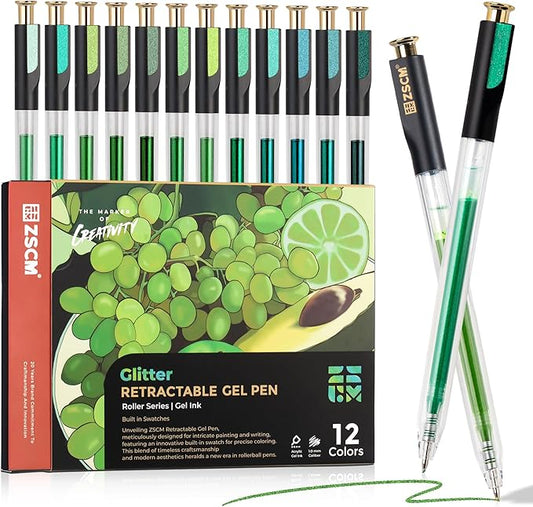 ZSCM Retractable Glitter Gel Pens, 12 Colors Large Capacity Green Glitter Metallic Gel Ink Pen, 1 mm Fine Point Smooth Writing Color Pens for Adult Coloring Book Note Taking Aesthetic Art Supplies