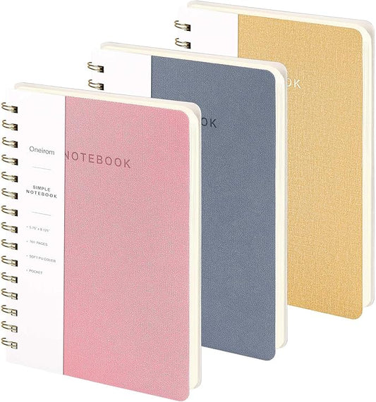 Spiral Notebook-5.75" x 8.125" College Ruled Journal with Inner Pockets and 160 Pages,PU Leather Cover Business Journal, Twin-Wire Binding Notebook Perfect for Office & Home School Supplies 3 pack Pink ReefBlue Khaki