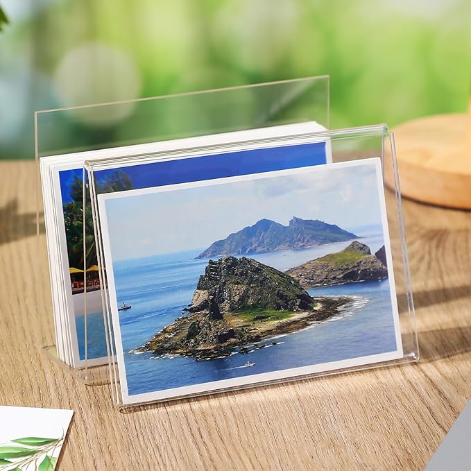 Vicenpal 12 Pcs Clear Acrylic Postcard Holder Business Card Holder Greeting Card Display Clear Business Card Stand Rack for Index Card Organizer Desk Table Home Office School, 6 x 4.25 x 4.5 Inch
