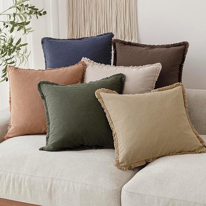 Foindtower Set of 2 Decorative Linen Fringe Throw Pillow Covers Farmhouse Cushion Cover with Tassels Soft Accent Pillowcase for Couch Chair Sofa Bed Living Room Home Decor,24×24 Inch,Light Khaki Taupe