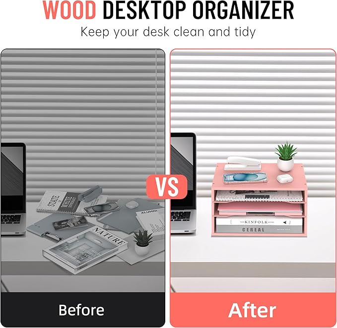 SHARKWOODS Wood Desk Organizer, 3 Tier Paper Tray Organizer for Desk with Adjustable Storage Shelves, Desktop File Organization Paper Sorter Mail Holder for Office Home Classroom, Pink