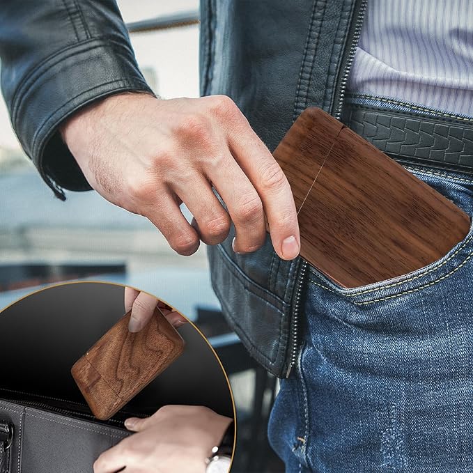Yookin Wood Business Card Holder Wooden Magnetic Business Card Case Portable Simple (Black Walnut)