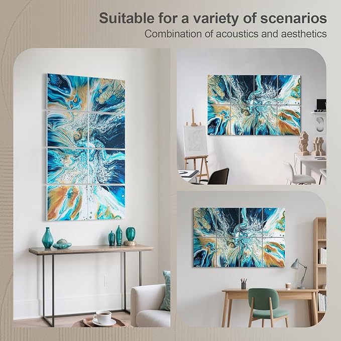 UMIACOUSTICS 8 Pcs 0.7Inch Thick Art Acoustic Panels, Total 47.2” x 31.5” Decorative Sound Absorbing Art Panels, Acoustical Wall Panels for Home, Office, Hotel, Lakeland Blue-Ripple