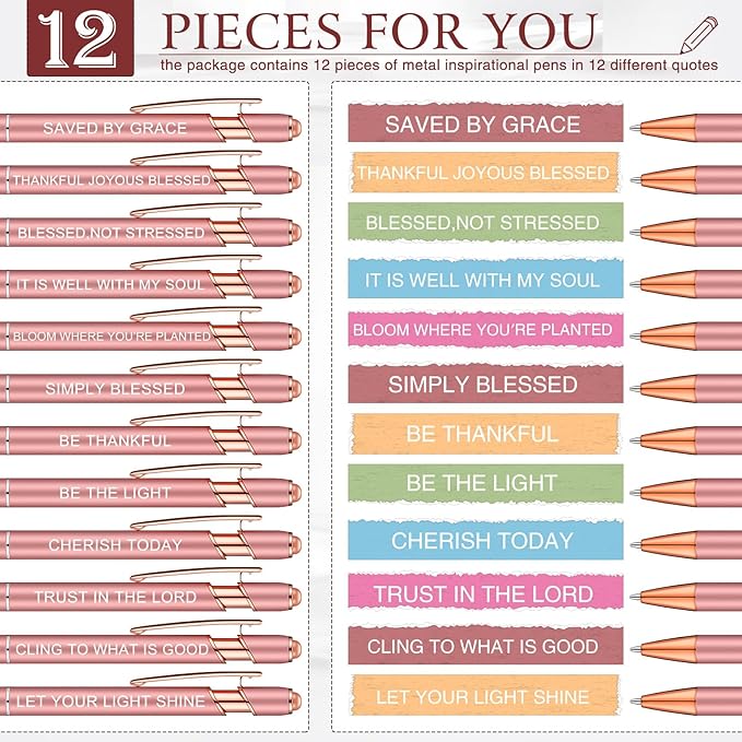 Zonon 12 Pcs Inspirational Pens Bulk Funny Ballpoint Pen with Stylus Tip Motivational Gifts for Valentine's Day Teacher Coworkers Nurse School Office Supplies(Rose Gold,Bible Style)