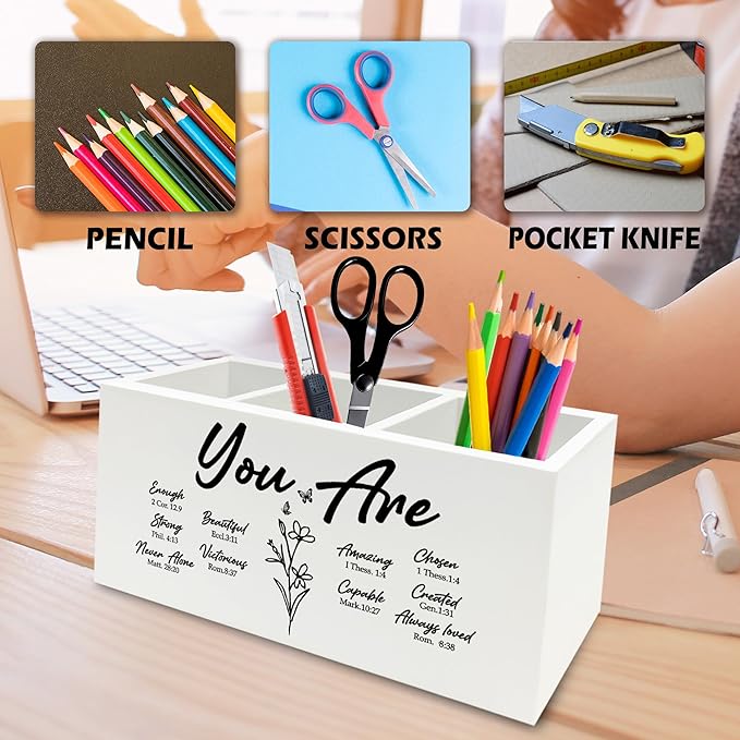 QZQE You Are Christian Pen Pencil Holder Organizer for Desk, Christian Gifts for Women, Floral Inspirational Bible Verse Wooden Box Signs Decorations for Home Office Desk Tabletop