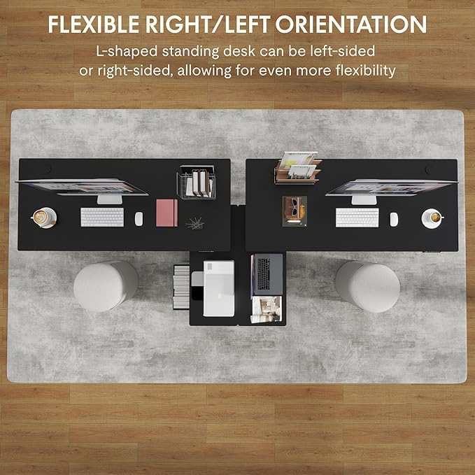 FLEXISPOT 63'' L Shaped Reversible Standing Desk with Drawers and Shelves, Large Corner Stand Up Executive Desk for Home Office, Black Top+ Black Frame