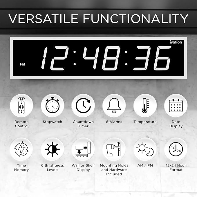 Ivation Huge Oversized 60" Large Digital LED Clock | Big Digital Clock w/Multi-Function Display – Stopwatch, Timer, Alarms, Temp & Date | 6 Brightness Levels, Time Memory & Remote (White)