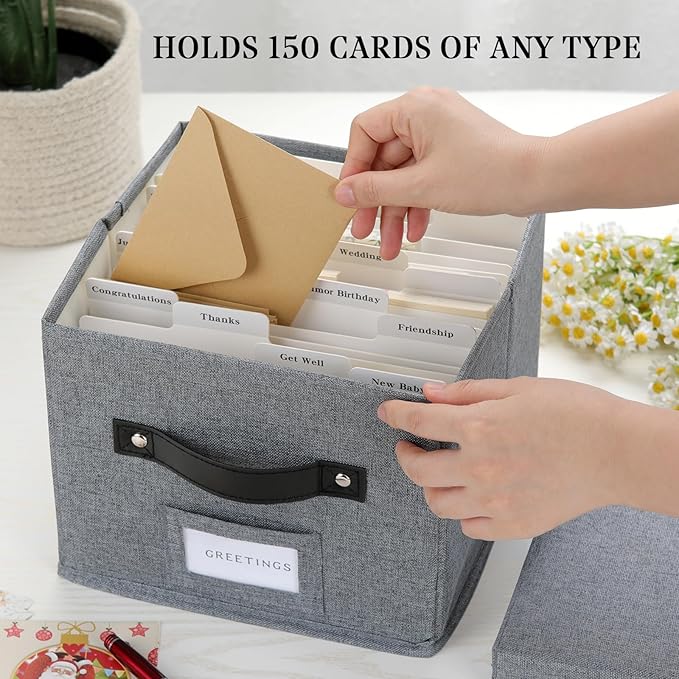 TARSUKA Greeting Card Organizer with dividers - Storage Box with lid Holds 150+ Cards - Assortment Box for Greeting Cards,Recipes, Photos, Envelopes, Keepsake - 9 x 9 x 7 Inches (Gray, 2 pcs)