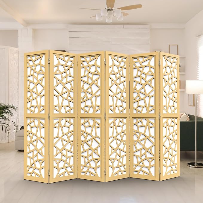 VINGLI 70'' H Room Divider, Non-Woven Fabric Privacy Screen, Indoor Partition Wall Dividers, Freestanding Hinged Space Separator with Modern Unique Pattern (Gold, 6 Panel)