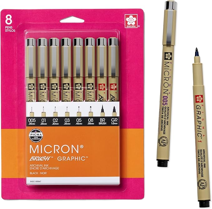 Sakura Pigma Micron, Graphic & Brush Fineline Pens, Archival Black Ink, 8 PK 30067