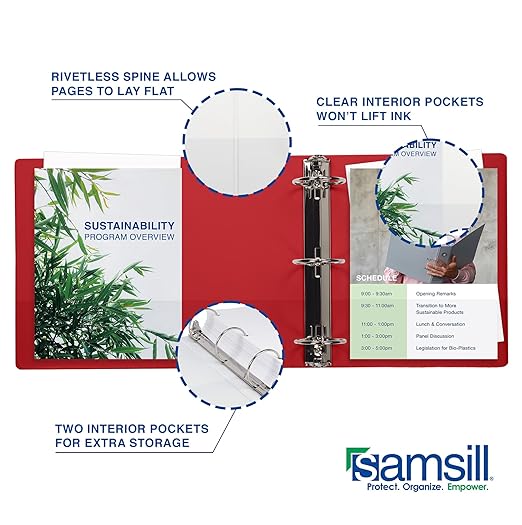 Samsill 3 Inch 3 Ring Binders, Made in USA, Economy Round Ring, Clear View Cover, 550 Sheet Capacity - for School, Home, Office - Red, 4 Pack