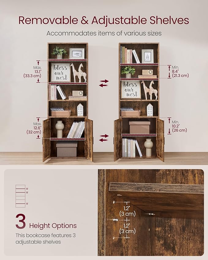 VASAGLE Custos Collection - Bookshelf, 6-Tier Tall Bookcase, Book Shelf with Doors, Open Storage Shelf, 9.4 x 23.6 x 68.9 Inches, for Living Room, Home Office, Dining Room, Rustic Brown ULBC402K01