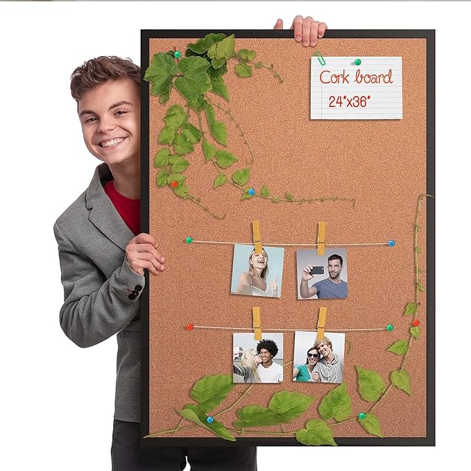 Board2by 2-Pack Cork Board Bulletin Board 24 x 36, Black Wood Framed 2x3 Corkboard, Office Board for Wall Cork, Large Wall Mounted Notice Pin Board with 32 Push Pins for School, Home & Office