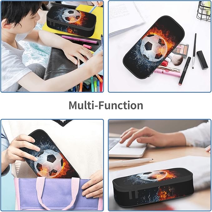 Boys Soccer Pencil Case with Water & Fire Pattern Print, Cool Black Pencil Box for Kids, Sports-Themed Canvas Storage Pouch Marker Pen Organization Bag, Portable Desk Office Organizer Travel Bag