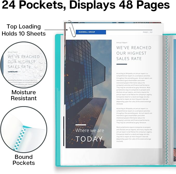 Dunwell Presentation Binder 24-Pocket, Displays 48 Pages, 8.5x11 Portfolio Binder with Plastic Sleeves, Storage and Organizer for Documents, Certificates, Projects, Photos (3 Pack, Aqua)