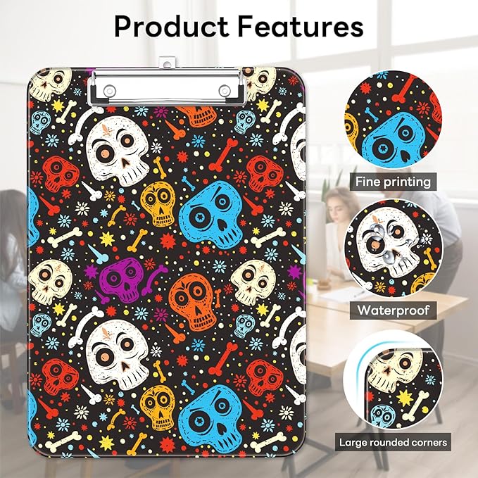 Luminzo Plastic Cute Clipboard Low-Profile Metal Clip, A4 Letter Size 9 x 12.5 in, 8.5 x 11 Paper Clip Board for Teachers, Nurses, Classroom,Cute Skulls
