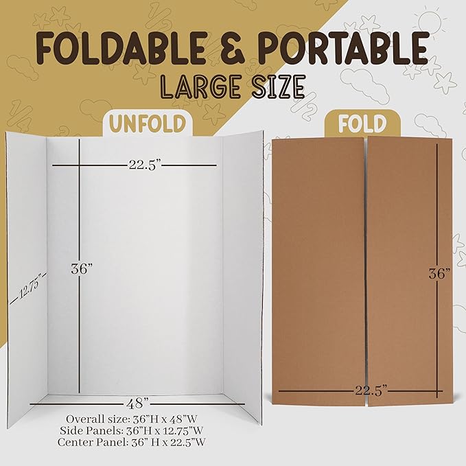 White Trifold Presentation Board 36" x 48" (Pack of 24) Self-Adhesive Science Subtitles Included - Display Exhibition Board Lightweight and Portable with Smooth Surface - by Emraw